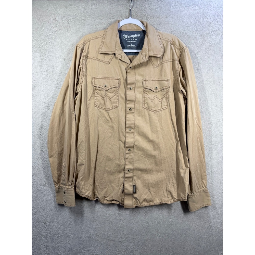 Wrangler Retro Premium Western Shirt Mens L Tan Khaki Snap Front Long Sleeve